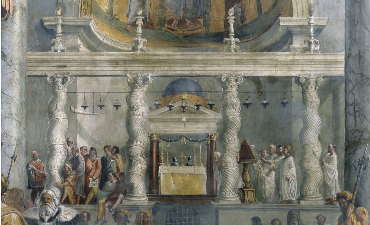 In the late 6th to early 7th century, the columns were rearranged to form a screen in front of the tomb. In the 8th c an additional layer of columns was built. Both rows would stand until 1507. (Vatican wall painting 'The Donation of Constantine', by followers of Raphael, 1520–4)