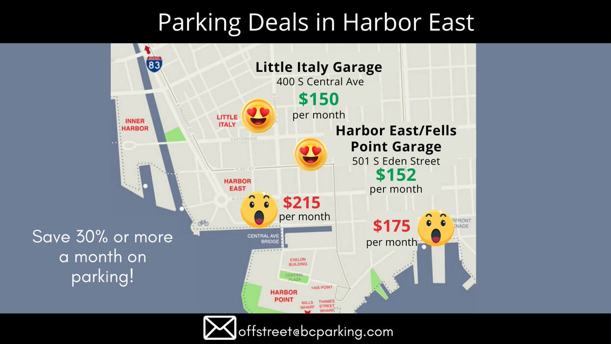 Work in #harborpoint, #HarborEast, or #fellspoint? We have great monthly parking deals that will put a smile on your face. Email us at offstreet@bcparking.com. #waterfrontpb @WaterfrontPB #exelon @Exelon