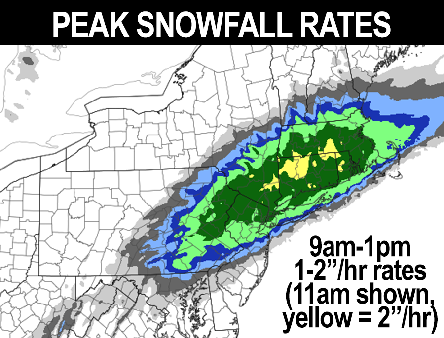 DHTheWeatherNut's tweet photo. The brunt of our storm is a short window from mainly 9am to 1pm or so, which is when the best chance for 1-2" per hour snowfall rates occurs... Much of this storm will be over before or by sunset (4-5pm)... Light green is 1"/hr, dark green 1.5"/hr, yellow 2"/hr #HREF https://t.co/dFdc963QCV