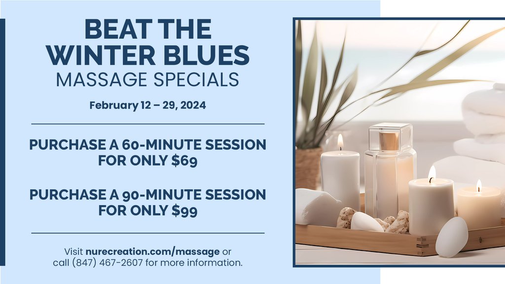 January might have felt about a year long, but we've got you covered the rest of February! Treat yourself to relaxation with our Beat the Winter Blues massage specials.💆

Book today at bit.ly/NUMassage