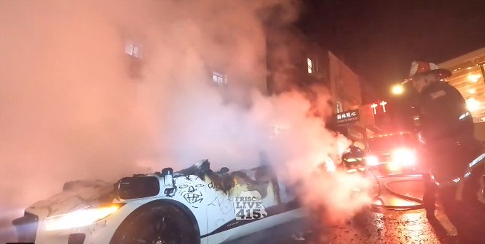 Waymo robotaxi goes up in flames in Chinatown after crowd attacks vehicle