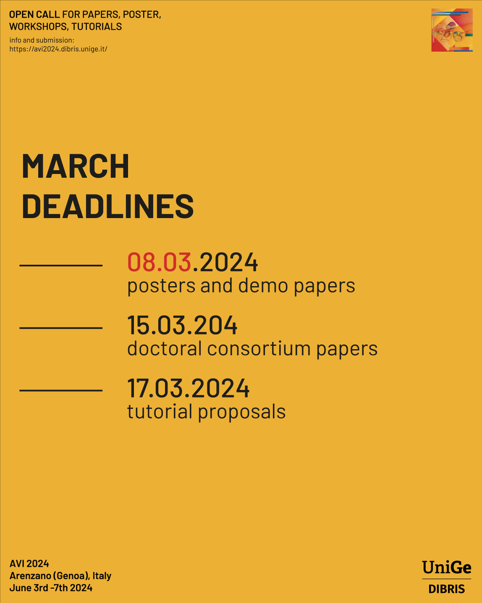 avi2024conf's tweet photo. Don't miss alle the #AVIconference March deadlines!
⏰ Posters and Demo papers: March 8, 2024
⏰ Doctoral Consortium papers: March 15, 2024
⏰ Tutorial proposals: March 15, 2024
#AVI2024 - 17th International Conference on Advanced Visual Interfaces
🔗 https://t.co/m1xk3eyGid https://t.co/EIxx1QIuSl