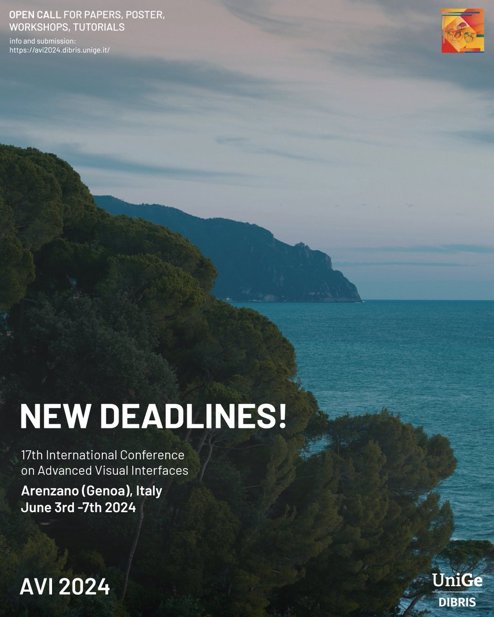 avi2024conf's tweet photo. Don't miss alle the #AVIconference March deadlines!
⏰ Posters and Demo papers: March 8, 2024
⏰ Doctoral Consortium papers: March 15, 2024
⏰ Tutorial proposals: March 15, 2024
#AVI2024 - 17th International Conference on Advanced Visual Interfaces
🔗 https://t.co/m1xk3eyGid https://t.co/EIxx1QIuSl