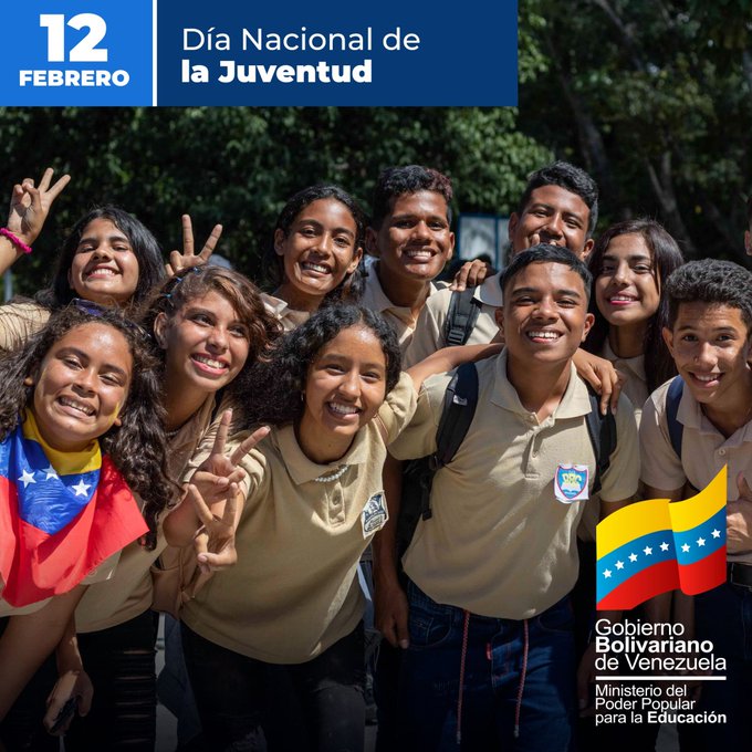 ¡Viva la juventud!

Hoy celebramos a los/as jóvenes de Venezuela. Gracias a su talento, esfuerzo, constancia, disciplina y determinación, hoy tenemos la alegría de construir un país próspero para el futuro de todos/as.
#JuventudPatriota
<a href="/NicolasMaduro/">Nicolás Maduro</a>
<a href="/_LaAvanzadora/">Yelitze Santaella</a>
@MPPEDUCACION