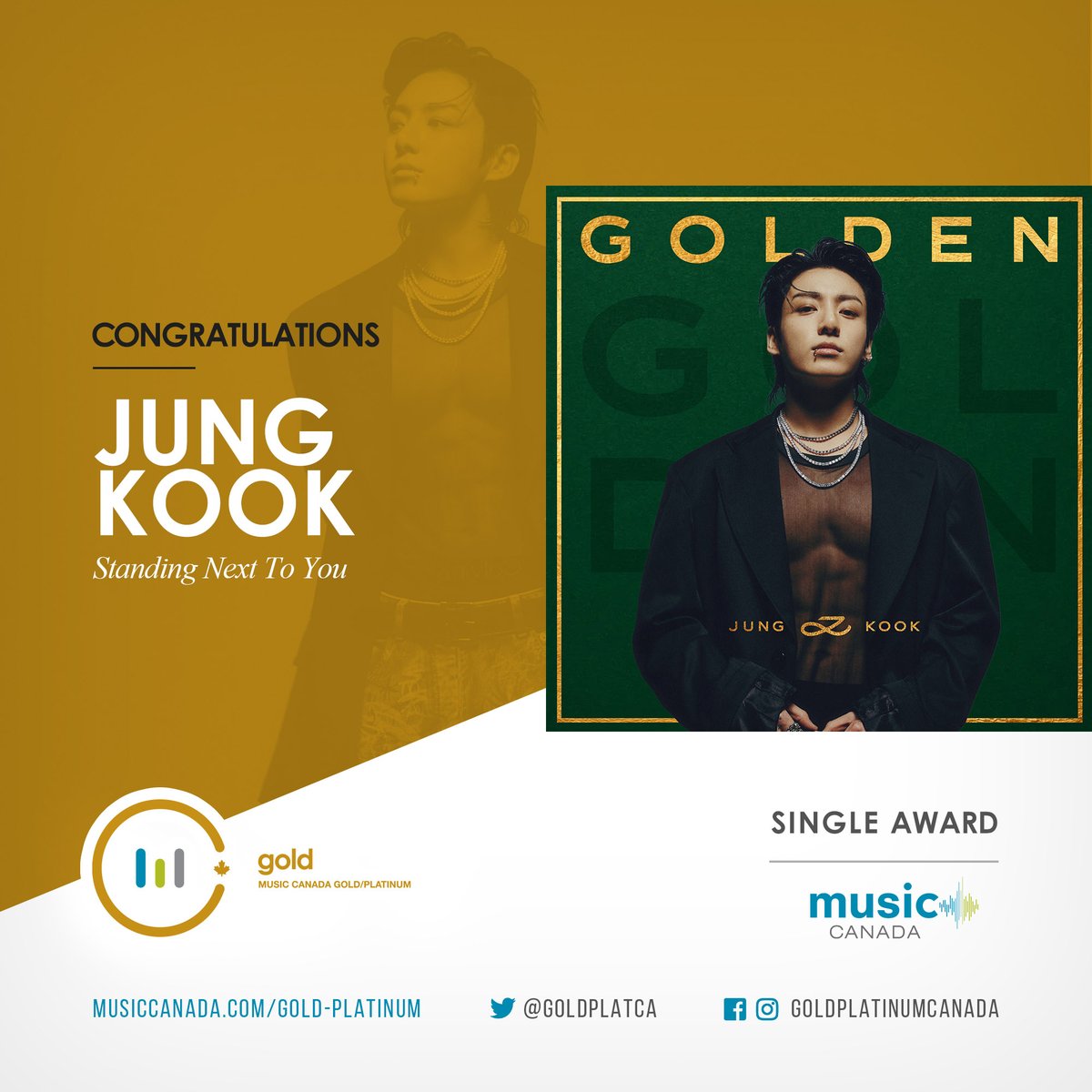 Congratulations to @BTS_Junngkook for three new certifications🍁💿 '3D' ft. @jackharlow goes Gold, 'Seven' ft. @Latto hits Double Platinum, and 'Standing Next to You' achieves Gold in Canada