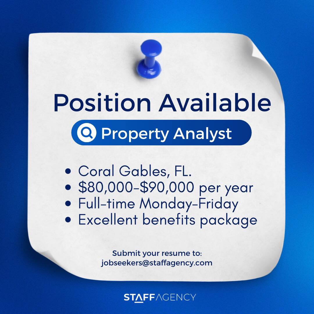 We're seeking a talented Property Analyst to join a dynamic team! To view the complete listing and explore other job opportunities available: lnkd.in/gCtxAB54 . . #staffagency #hiring #positionavailable #realestate #propertyanalyst #floridajobs