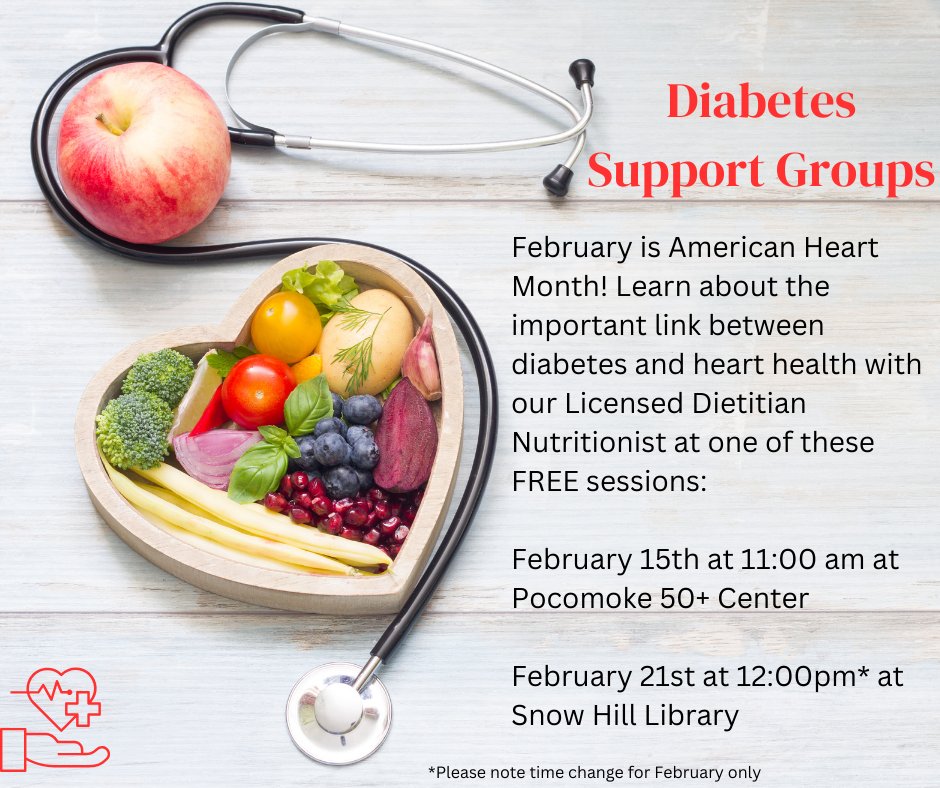 #KnowDiabetesbyHeart
During the month of February, our Diabetes Support Groups will focus on knowing and reducing your risk for heart disease.

Thursday 2/15 at 11:00 am at Pocomoke 50+
Wednesday 2/21 at 12:00 pm at Snow Hill Library