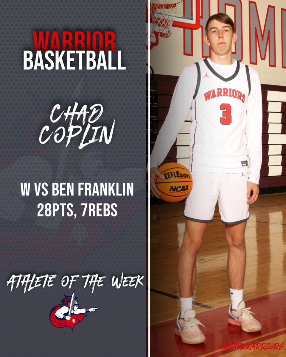 Warrior Athlete of the Week! Senior Chad Coplin led the Warriors to a blowout victory over Ben Franklin last week. He had a game high 28 points and added 7 rebounds. Chad has had a tremendous season leading the Warriors in scoring with over 16 points a game. #WeAreWarriors