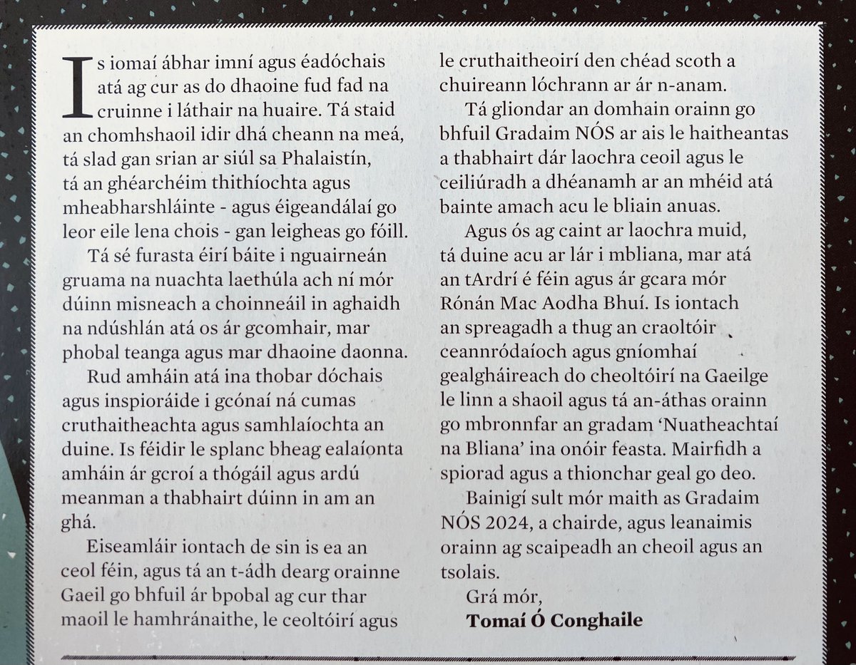 Cúpla focal a scríobh mé do chlár Ghradaim NÓS 2024 a bhí ar siúl i mBéal Feirste Dé hAoine. Tógáil croí a bhí san ócáid ó thús deireadh. Comhghairdeas leis na ceoltóirí ar fad & míle buíochas le gach duine a chuir & a chuidigh leis an oíche ar dhóigh ar bith... mo cheol sibh!