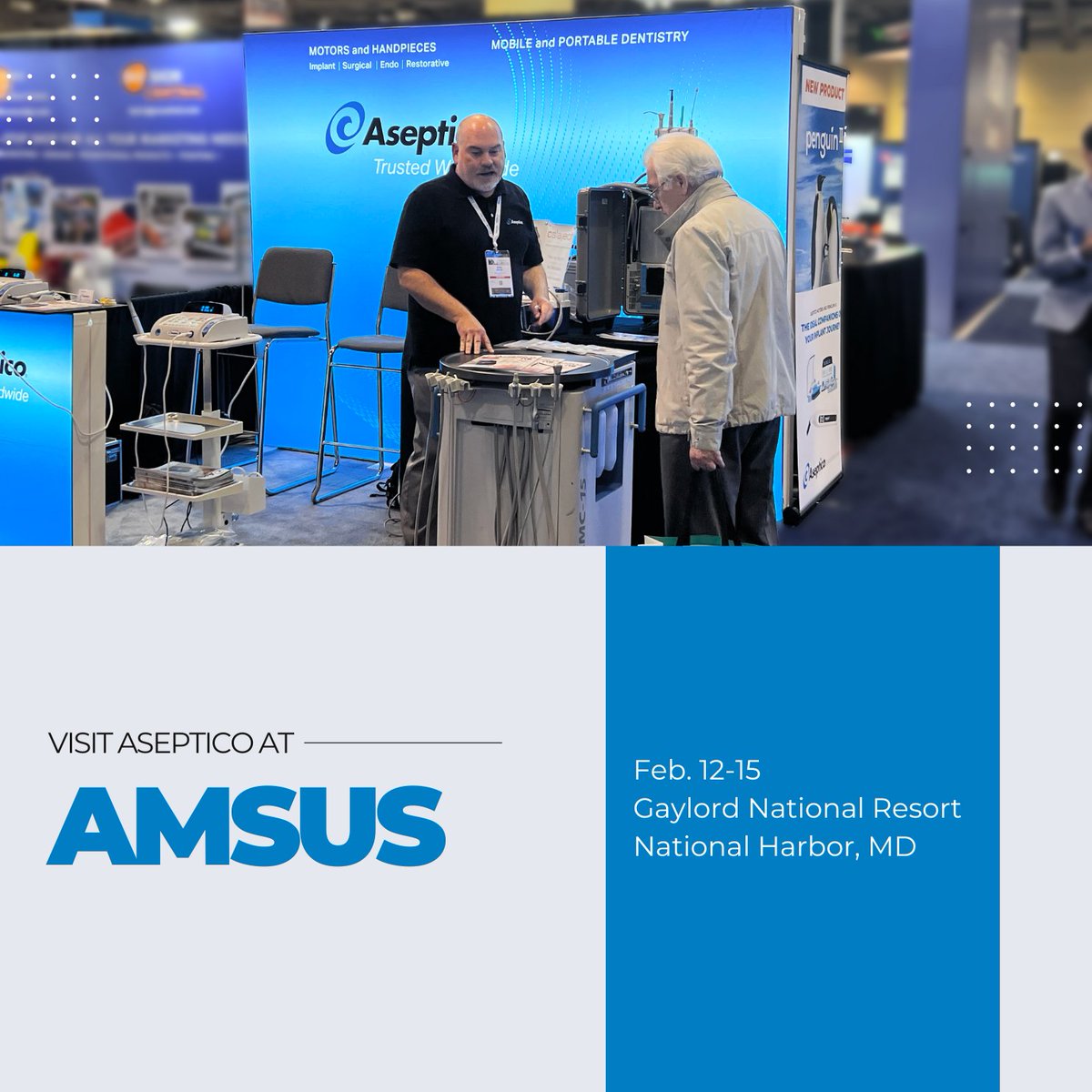 Aseptico will be at the 2024 AMSUS National Meeting in National Harbor, MD from Feb 12th-15th. We will have many of our military and government products on display for you to check out! Swing on by and say hello to our fantastic sales team. #AMSUS2024