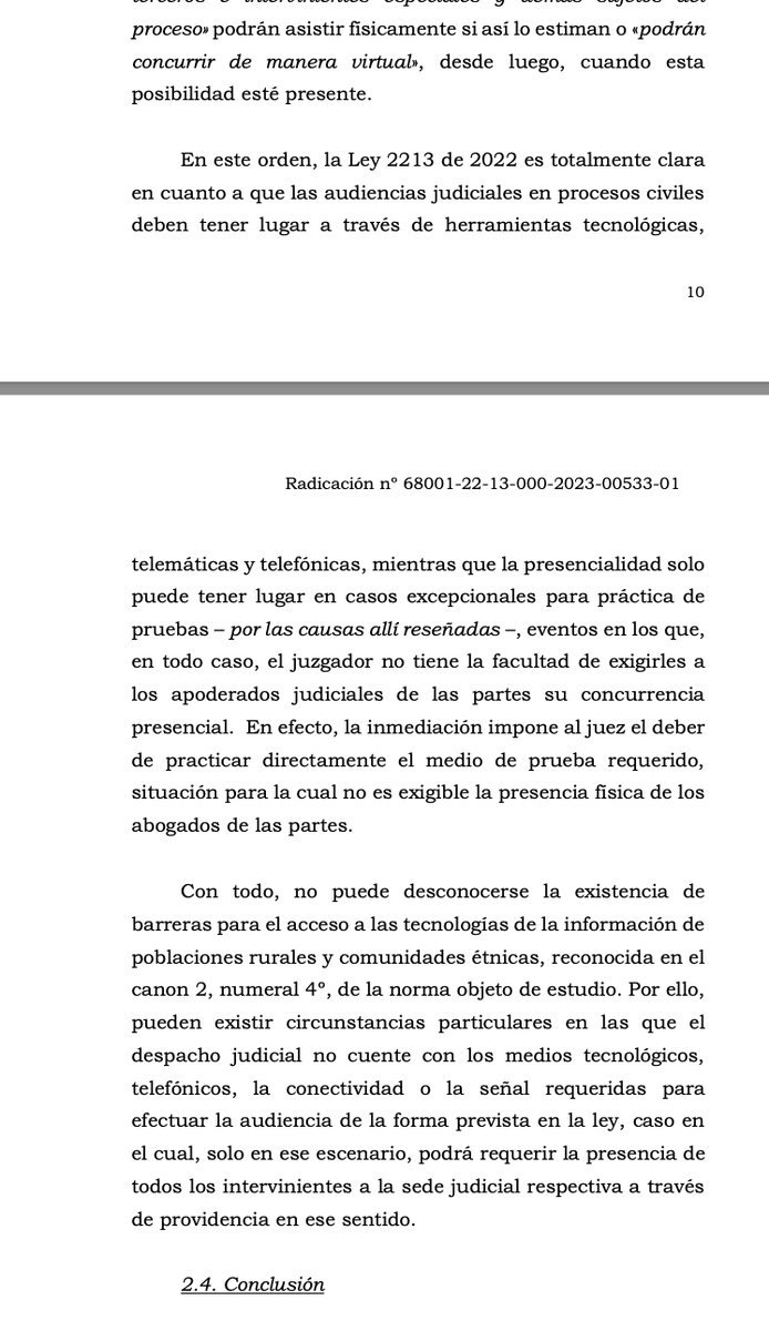 jairoparrac's tweet photo. IMPORTANTE DECISIÓN SOBRE LA JUSTICIA VIRTUAL. NO ES POTESTATIVO DEL JUEZ CITAR A AUDIENCIA PRESENCIAL.  JUEZ NO PUEDE OBLIGAR A ASISTIR PRESENCIALMENTE A LOS APODERADOS JUDICIALES, SALVO QUE SE REQUIERA LA ASISTENCIA DE TODOS. AUDIENCIAS HÍBRIDAS.  CIVIL. CSJ (STC642-2024): 

- La regla general son las audiencias virtuales. La asistencia física se convirtió en la excepción. 

- No es potestativo del juez citar a audiencias presenciales bajo cualquier circunstancia natural del proceso. Solo en circunstancias excepcionales relacionados con seguridad, inmediación y fidelidad de la probanza, es que se podrá efectuar audiencia destinada a práctica de pruebas de forma física:

a. En los eventos excepcionales ya indicados, la vista física podrá ser dispuesta de oficio o a petición de parte mediante providencia motivada.

b. En los excepcionales casos de audiencia presencial solo es exigible la comparecencia física (i) del sujeto de prueba – la parte a interrogar, el testigo, el perito, etc. –, (ii) de quien requirió la práctica presencial y (iii) del juez.

c. A los apoderados judiciales, las partes que no que deban declarar, los terceros e intervinientes especiales y demás sujetos, no se les podrá exigir la asistencia presencial a la audiencia; no obstante, pueden concurrir si así lo estiman necesario o comparecer virtualmente, salvo circunstancias que requieran la asistencia de todos los sujetos procesales, según se advirtió. 

- El funcionario incurrió en vía de hecho, pues, en primer lugar, no podía citar a la vista pública en las instalaciones del despacho sin que estuvieran dadas las circunstancias excepcionales relacionadas con seguridad, inmediación y fidelidad de la probanza – lo cual no justificó en la providencia en la que así dispuso (11 sept.) – y, en segunda medida, no le era permitido exigir la comparecencia física de los apoderados judiciales como equivocadamente lo hizo y mucho menos imponer sanción por no hacerlo.