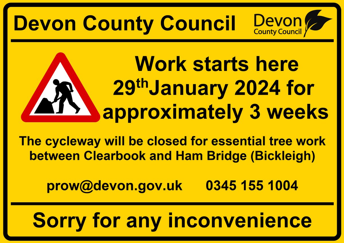 * TEMPORARY CLOSURE CYCLEWAY* The cycleway NCN 27 will be closed for essential tree work
between Clearbook and Ham Bridge (Bickleigh) from 29th January 2024 for approximately 3 weeks. For a map of the closure, please visit: devoncc.sharepoint.com/:b:/s/PublicDo…