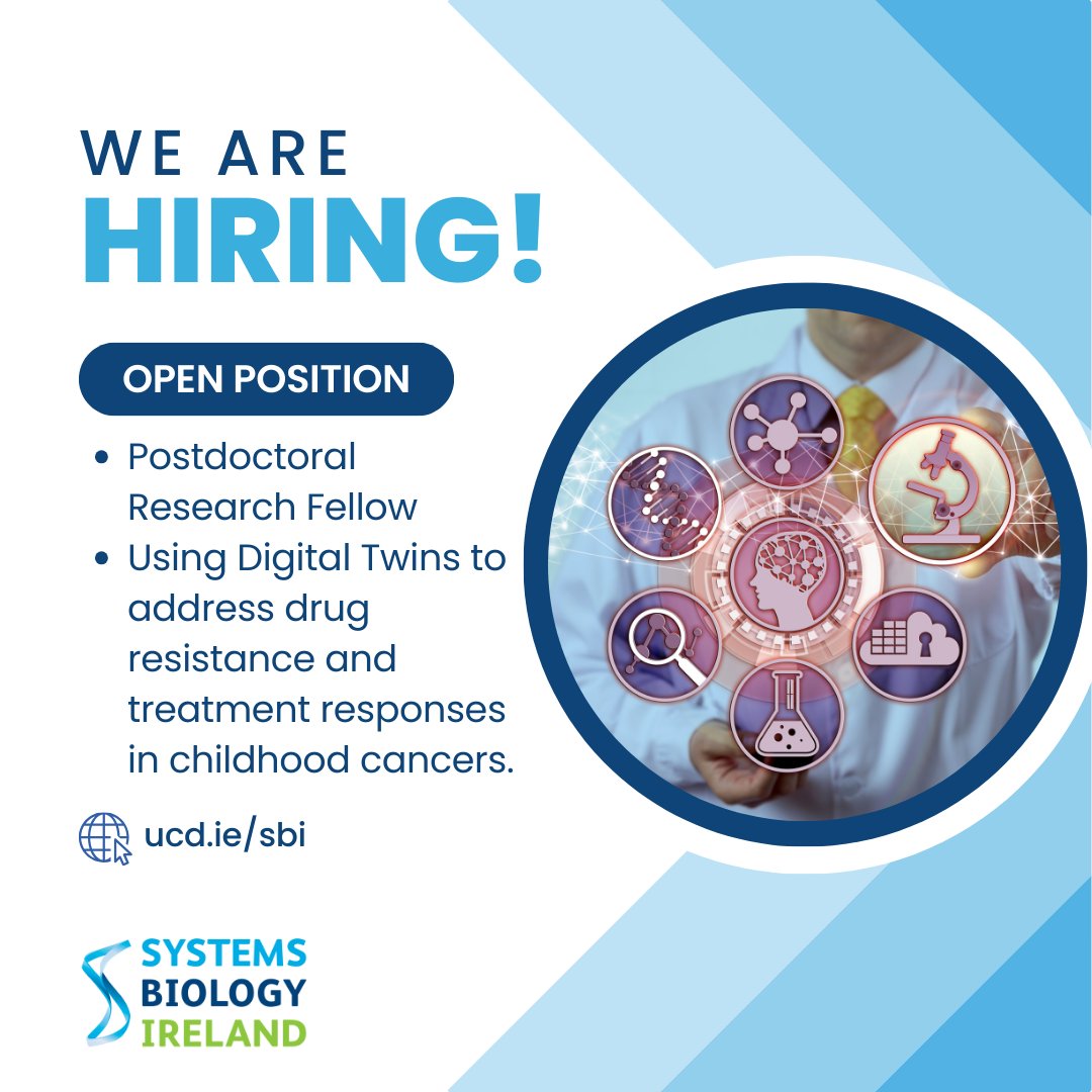 Now Recruiting! #Postdoc position in the Kolch Group using #DigitalTwins to address drug resistance and treatment responses in #childhoodcancer. Check out this listing and more on our Jobs page: ucd.ie/sbi/news/jobs/ #jobfairy #researchcareers #bioinformaticsjobs @UCDMedicine