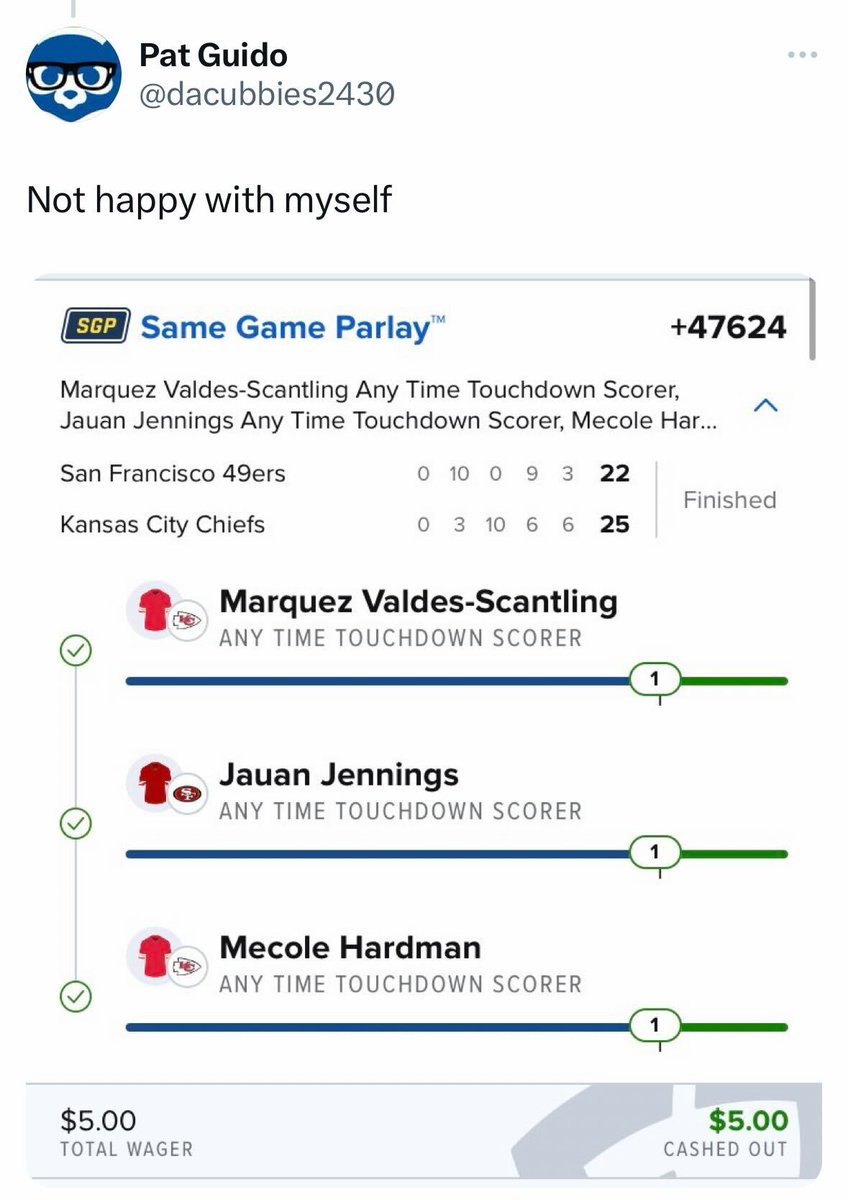 BRUH 💀

Cashed out the Hail Mary Anytime TD early...

(via <a href="/dacubbies2430/">Pat Guido</a> <a href="/FDSportsbook/">FanDuel Sportsbook</a>)