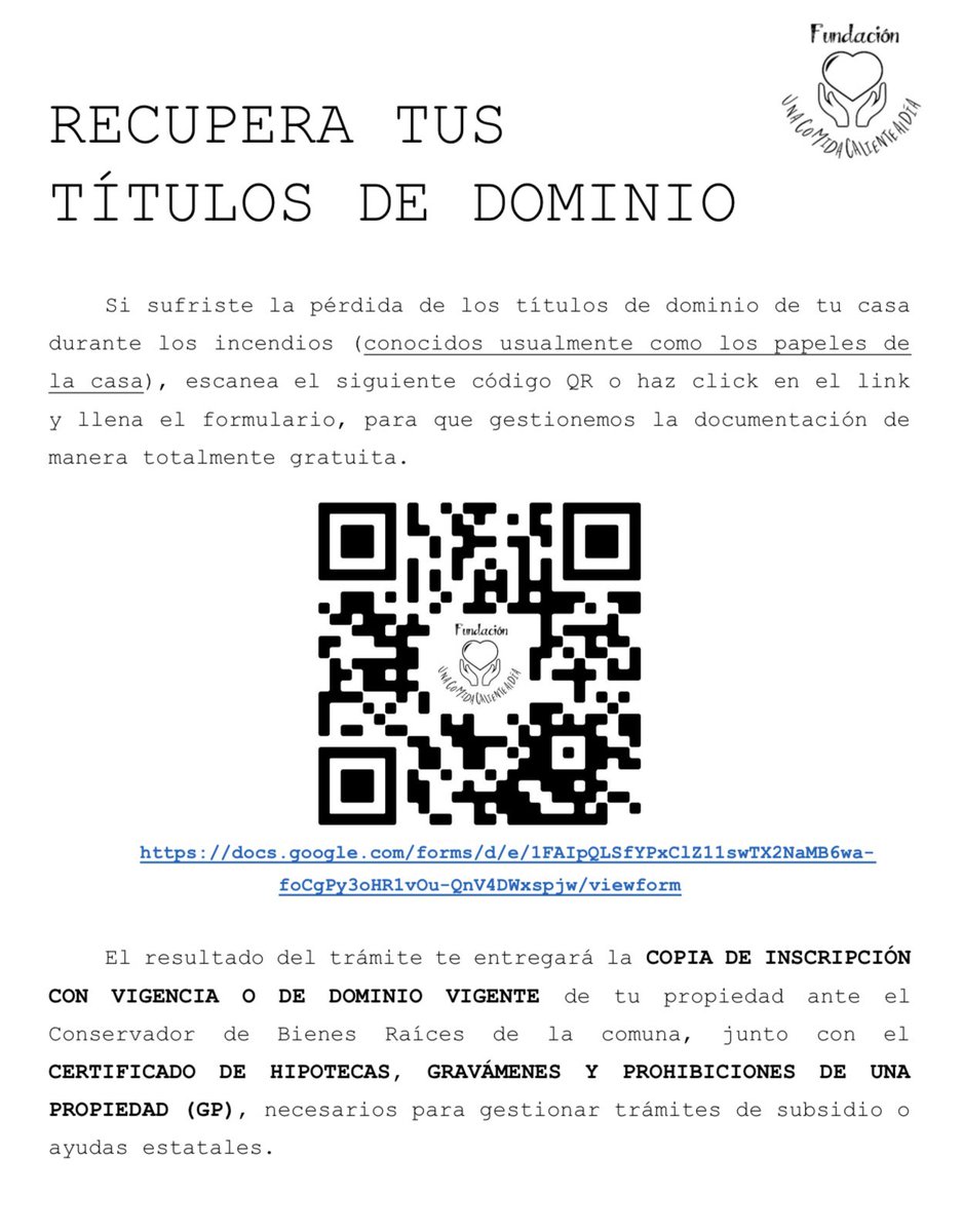 Ayúdennos a difundir, solo para personas afectadas por los incendios de Viña y Quilpue, que le permitan obtener los documentos que acrediten el dominio de sus bienes raíces, para poder realizar trámites estatales de ayuda.
Trámite completamente gratuito

docs.google.com/forms/d/1kg_YA…