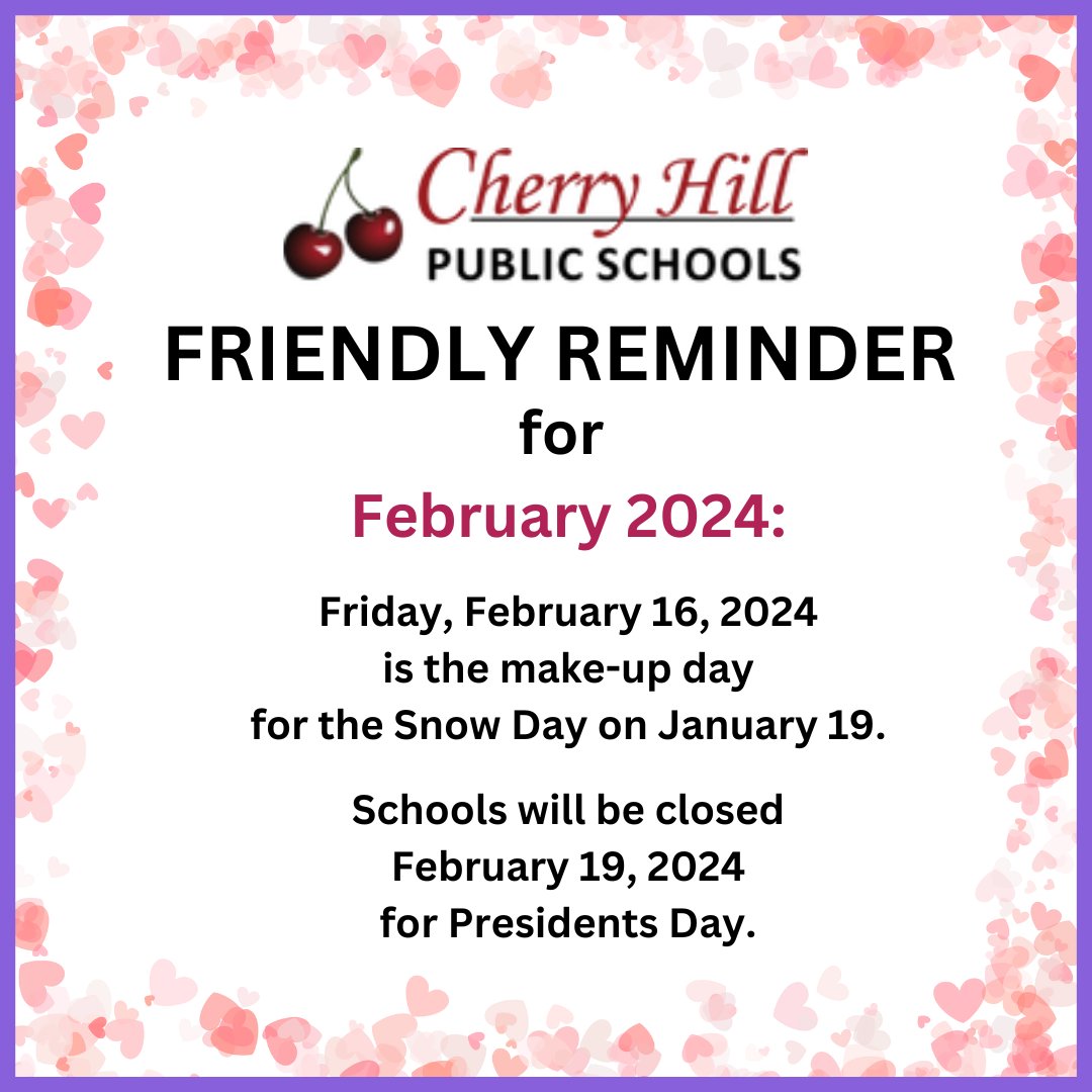 Friendly reminder: WE will see all students and staff for a full day of school on Friday, February 16, 2024, the make-up day for the Snow Day on January 19. Schools will be closed Monday, February 19, 2024 for Presidents Day. #WEareCHPS