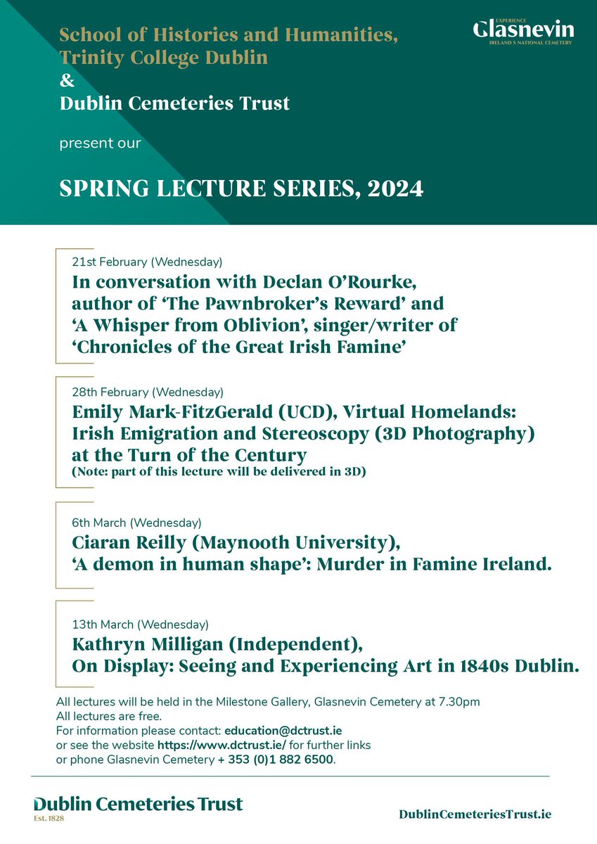 We collaborate with Dublin Cemeteries on a Spring Lecture Series exploring different aspects of Irish history. This year four speakers explore aspects of the Great Irish Famine: art and 3D imagery as well as crime and violence. Free, but booking is advised as space is limited.