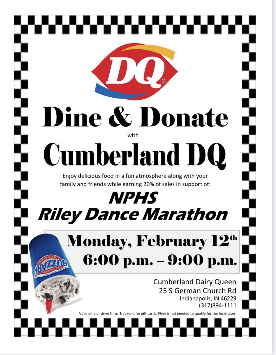 council_nphs's tweet photo. Riley DM Dine to Donate night TONIGHT at Dairy Queen in Cumberland from 6:00 to 9:00 PM! 🍦🍦🍦 

Come out to support Riley Dance Marathon fundraising!! @VoelzJames @MitchanerNPHS @BurkNPHS @NPHSClassCup @NPHS_RileyDM @IacobucciNPHS https://t.co/lILEf2GdVR