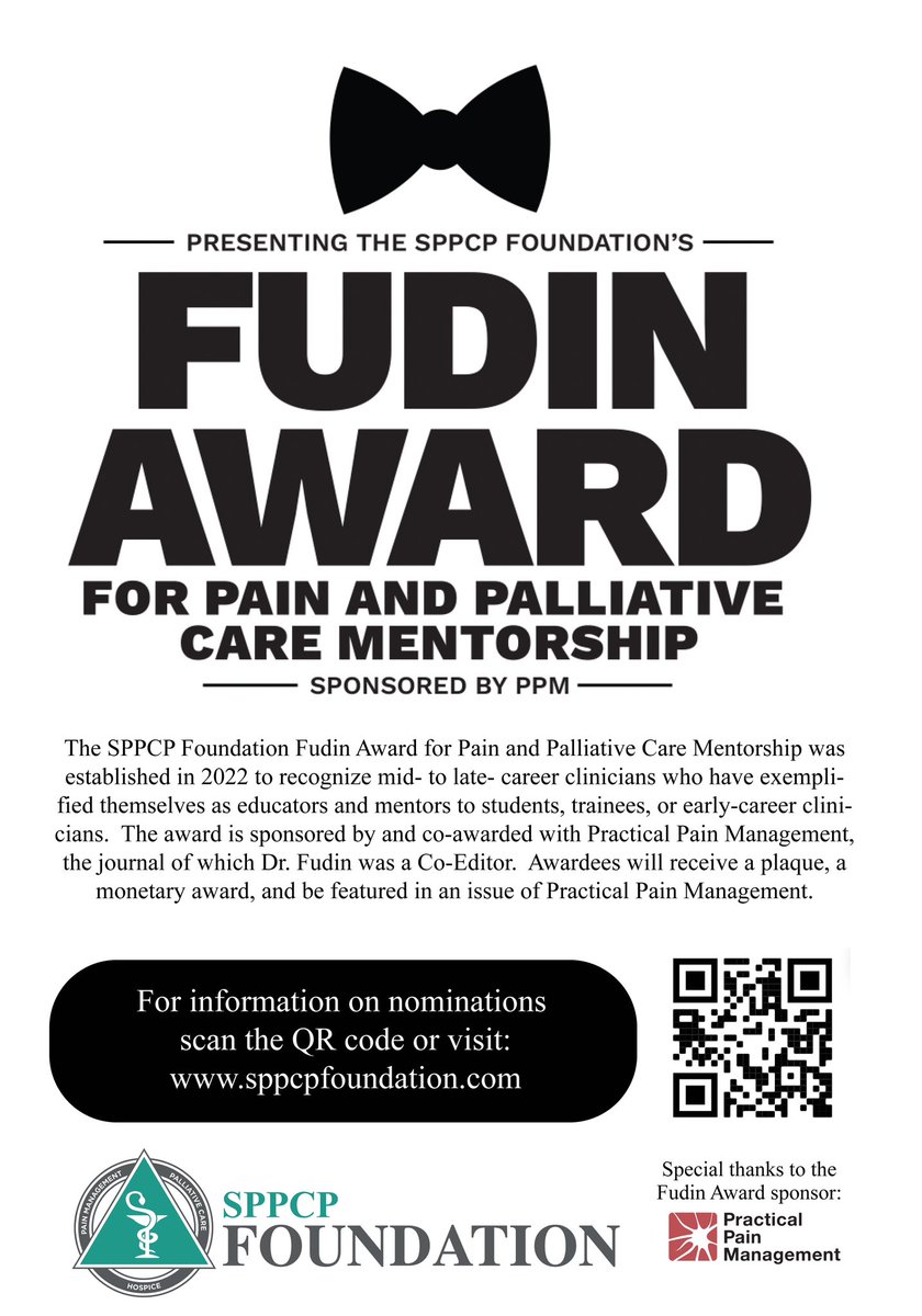 🙋🏻‍♀️🙋🏻‍♂️Have a phenomenal mentor who deserves recognition? Nominate them for the Fudin Award for Pain and Palliative Care Mentorship! Acceptance of nominations ends on 2/28/24. Website: sppcpfoundation.com/fudin-mentorsh…