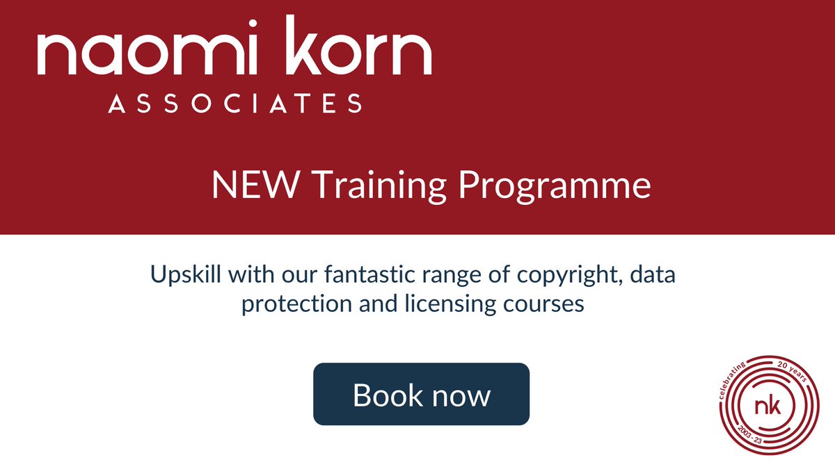 Naomi Korn Associates is thrilled to announce that booking is open for our new 2024 certified training programme. naomikorn.com/2024/02/12/nao… #copyright #GDPR #dataprotection #training #onlinelearning ⁦@eventbrite⁩