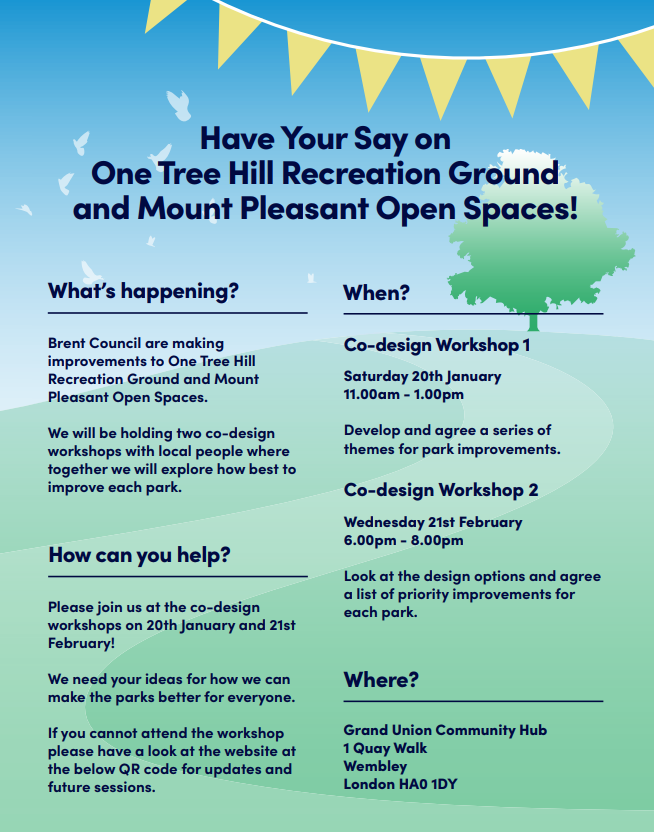 Brent_Council's tweet photo. One Tree Hill Recreation Ground &amp; Mount Pleasant Open Space are set to receive a makeover! 🌳

Join us next week and help us shape the plans!

📅Wed 21 Feb
🕓6-8pm
📍Grand Union community hub

Can't join in person? Have your say online: https://t.co/NycJfBdmON https://t.co/9tj5HxCtmu