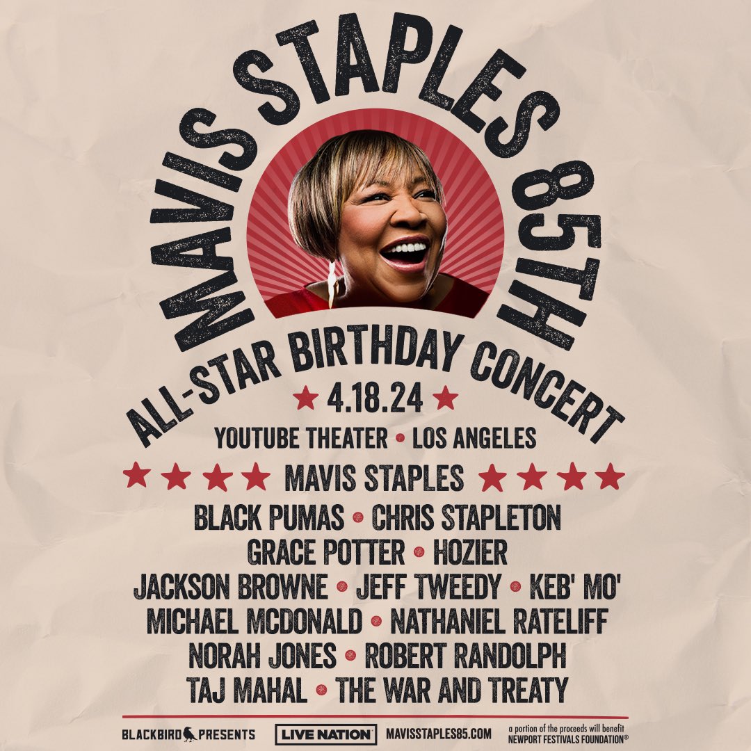 Excited to be a part of an incredible lineup celebrating @mavisstaples 85th Birthday at @youtubetheater on April 18th, 2024! Head over to mavisstaples85.com/presale Tuesday, Feb 13th at 10AM PT and use the special presale code MAVIS85 to purchase your tickets before they are gone.