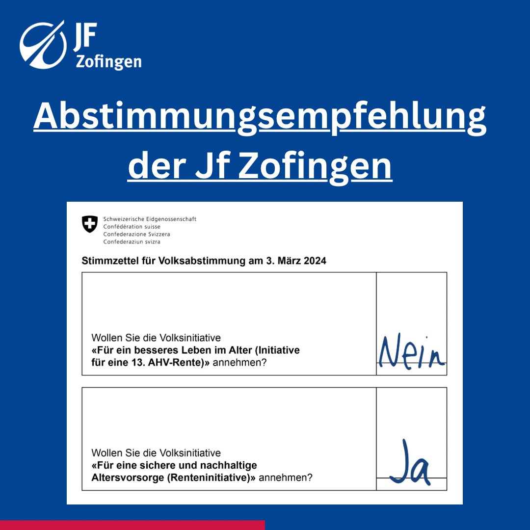 Am 3. März sagen wir überzeugt Ja zur nachhaltigen und sozialen @RentenVI und Nein zur unfairen und unnötigen 13. AHV-Rente. 

#Abstimmung #Renteninitiative #13AHVRente