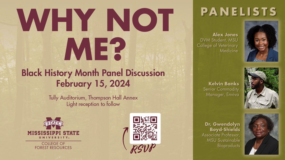 Join #MSUCFR for a Black History Month Panel Discussion, 'Why Not Me?' in Tully Auditorium!   Hear from our panelists, all CFR alumni, Alex Jones, Kelvin Blanks, and Dr. Gwendolyn Boyd-Shields.