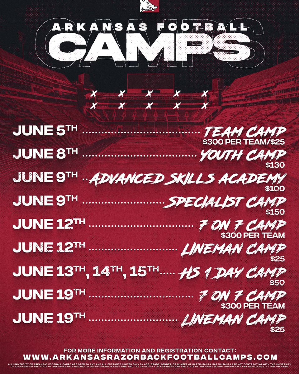 Camp season is right around the corner! Registration is now live at arkansasrazorbackfootballcamps.com Sign up today!