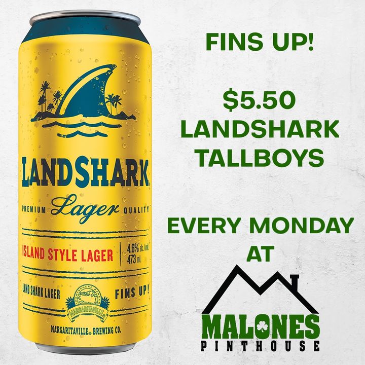 malonetyme's tweet photo. Start your week off right at Malones!
Get a Landshark Lager Tallboy for $5.50!
Or grab a #PintAndAPound - a domestic pint and a pound of our Famous Bad Boy Wings for just $16!
#FinsUpCA #DemandYourMalonesTyme #Barrie https://t.co/3Di2h8sZuq