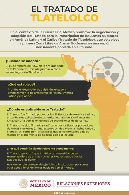 Conoce el Tratado de Tlatelolco:  tratado internacional busca la desnuclearización de América Latina y el Caribe. Descubre cómo contribuye a la paz y seguridad en nuestra región.
@OPANAL @SRE_mx @nuclearban
#TratadodeTlatelolco #57AniversarioTlatelolco #OPANAL #TPAN #TPNW