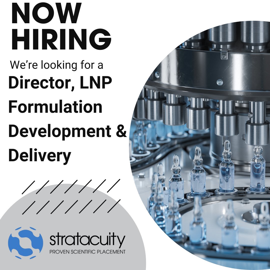 stratacuity's tweet photo. We are looking for a seasoned formulations leader to play a pivotal role in developing LNPs for multiple programs in Cell & Gene Therapy. Apply below or reach out to Stratacuity at 603-766-0600.
https://t.co/6kVceGQ56y
#manufacturingjobs #formulationdevelopment #norest https://t.co/cc1Crm80lX