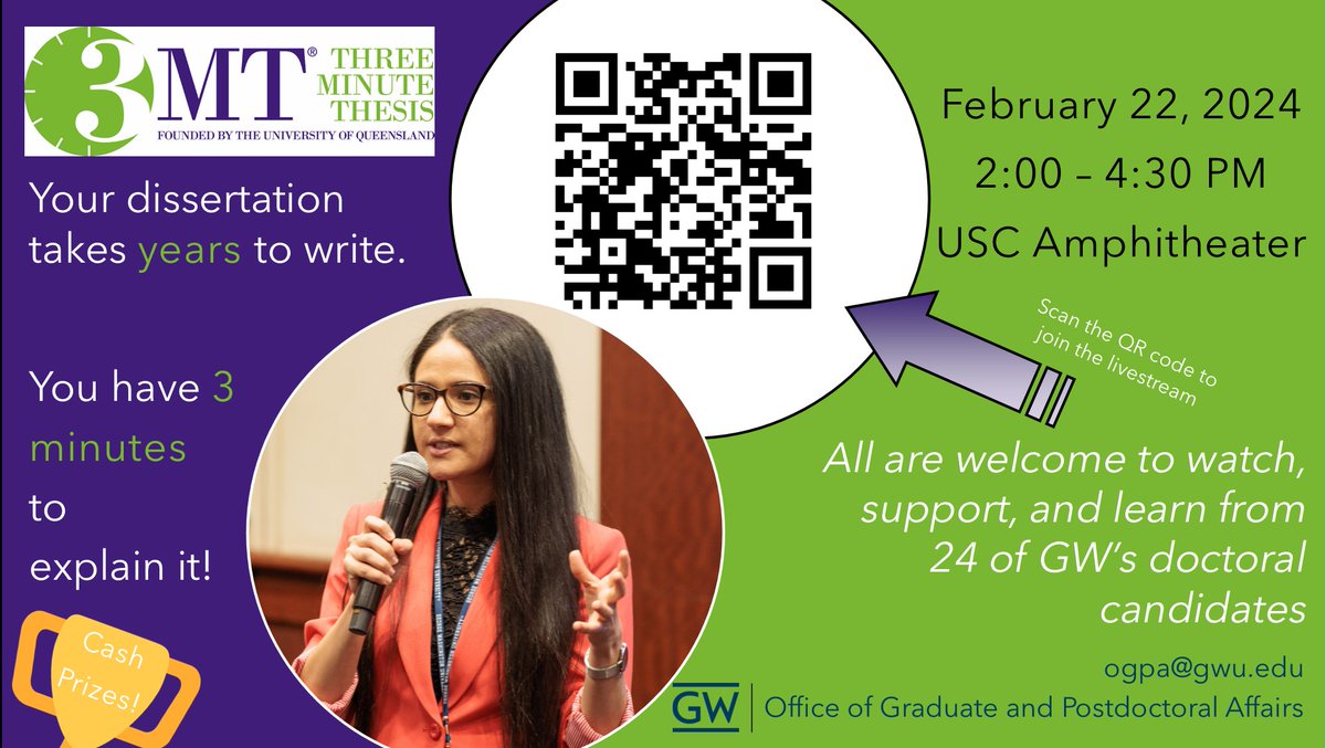 Support our #GWIBSFamily PhD candidate @jenlclements on Feb 22 at 2pm as she participates in GW's 3 Minute Thesis Competition in the USC Amphitheater or virtually! We are counting on your votes in the People's Choice Awards 🗳️ ☑️ 👩🏾‍🔬 facebook.com/events/s/gws-2…
