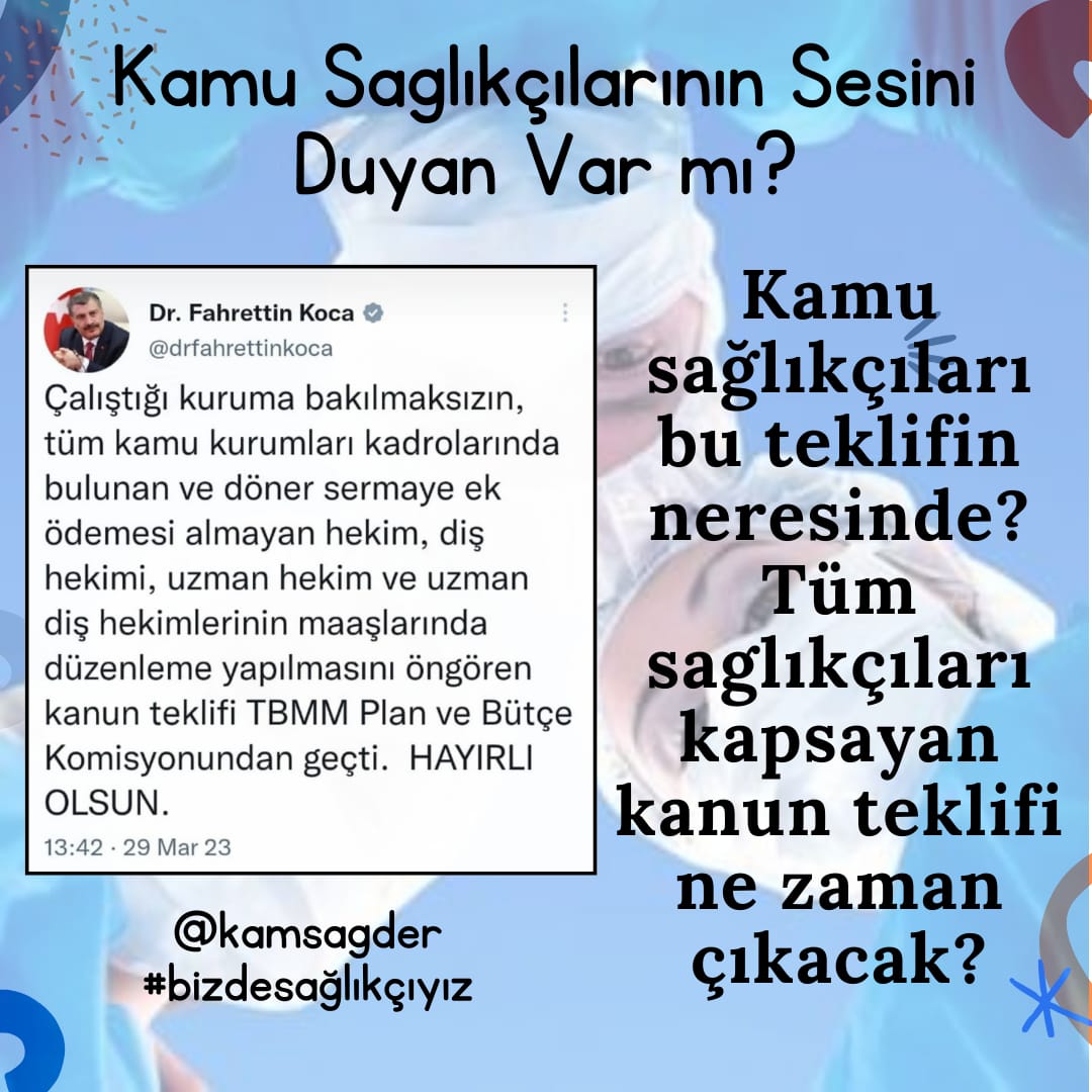 <a href="/kursatkirbiyik/">H. Kürşat KIRBIYIK</a> Pandemide Afetlerde sağlıkçı olduk. Ne zaman iyileştirme istendiyse SB 'değilsiniz denildi. 

#bizdesağlıkçıyız 
<a href="/kamsagder/">KAMU SAĞLIKÇILARI DERNEĞİ</a>
<a href="/drfahrettinkoca/">Dr. Fahrettin Koca</a> 
<a href="/kursatkirbiyik/">H. Kürşat KIRBIYIK</a> 
<a href="/drummugulsen/">Ümmü Gülşen Öztürk</a> 
<a href="/zuhal_karakoc/">Doç. Dr. Zuhal Karakoç 🇹🇷</a> 
<a href="/VahitKirisci/">Prof.Dr.Vahit Kirişci</a> 
<a href="/Ali_Oztunc/">Ali Öztunç</a> 
<a href="/KAYIHANPALA/">KAYIHAN PALA</a> 
<a href="/dtcuneytaldemir/">Dt. Cüneyt Aldemir 🇹🇷</a> 
<a href="/MemurSenKonf/">Memur-Sen</a>
<a href="/TurkiyeKamusen/">Türkiye Kamu-sen</a>