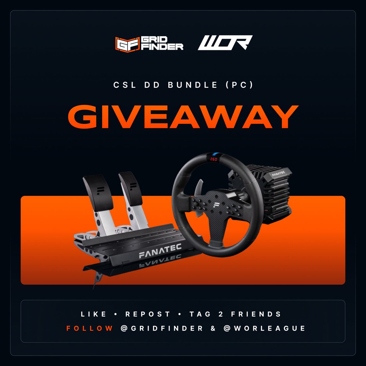 🚨 GIVEAWAY 🚨 World Online Racing and @GridFinder are giving away a @fanatec CSL DD Ready2Race Bundle 🙌 🔹 Like the tweet ❤️ 🔹 Repost the tweet 📬 🔹 Tag two friends 🫂 🔹 Follow @WORleague and @GridFinder 😎 The giveaway will close February 19 at 4pm GMT 🔜