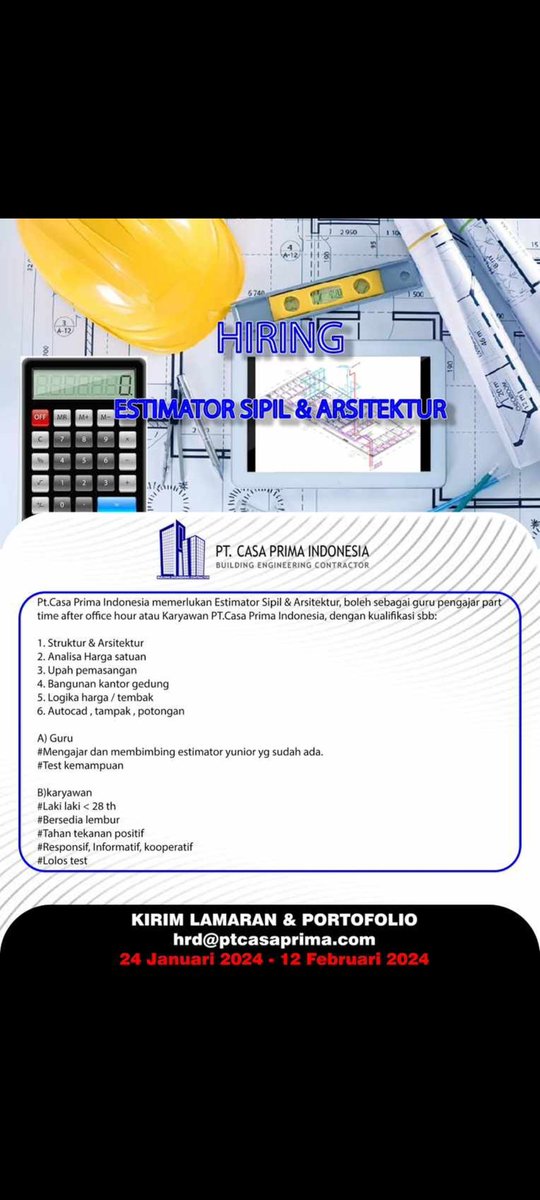 milikmuuu's tweet image. info loker
#lokerjakarta #jakartabarat #seniorestimator #estimatorsipil

bantu RT ya