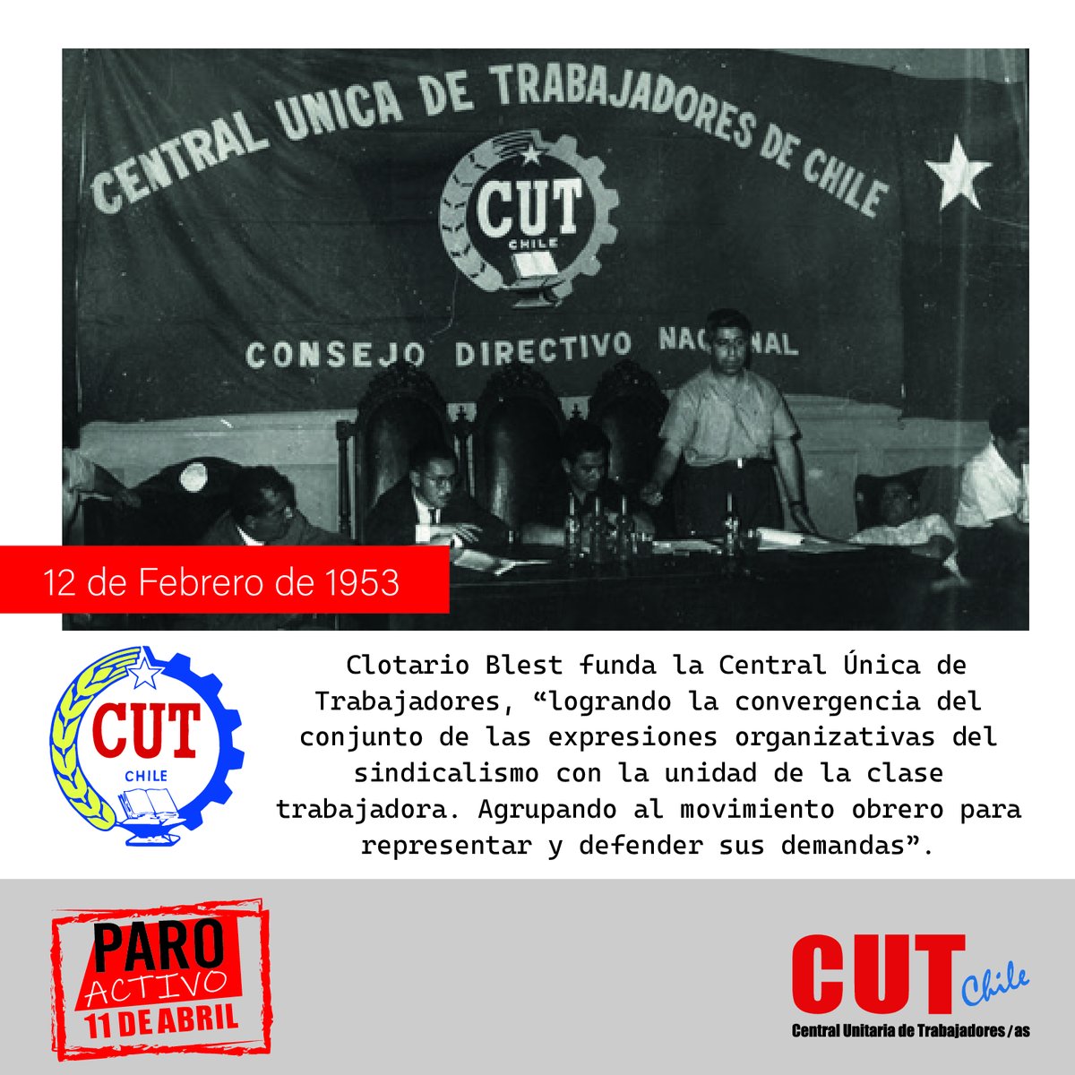 Cutchile's tweet photo. 🔴Un día como hoy, pero de 1953, se fundó la Central Única de Trabajadores, con el objetivo de agrupar a todo el movimiento obrero. La Central Unitaria de Trabajadores y Trabajadoras es la heredera de la lucha por los derechos laborales y las demandas de la clase trabajadora.

#11deabrilparonacional #ParoNacional
@Fenpruss @ConfeComercio @ConfeCobre @Asemuchile  @FentessChile  @CONFENATS @ajunjinacional @anefchile  @ConfusamChile  @confemuch @fenafuch_uchile @FENAFUECH @FENATSNACIONAL @fenatsunitaria @FAUECH2015 @confedeprus @ColegioProfes @sun2022libertad @Sindicato_OKM @SindicatoRBB @ccu_federacion @CmrSindicato @sindicato1cmrt @SindicatoENAP @Fesimetrosa @WalmartSil @FedWalmart  @ColegioProfes @confenats @fenfussap @Constramet @fentesschile @fenafuch_uchile @fenassap @japdebelli  @Barbaranowsky  @david_acuna_  @EricCamposBonta