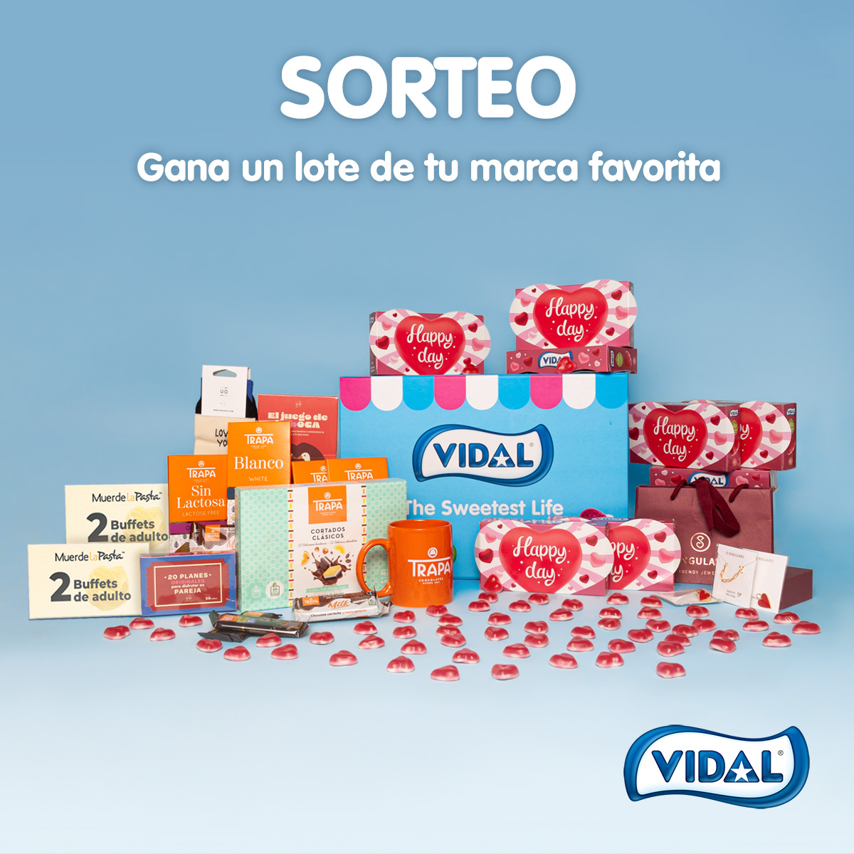 ¡SORTEO #LOVEVIDALGOLOSINAS! ¡5 ganadores!

🎁Lote Golosinas San Valentín
🎁Lote chocolates Trapa
🎁Buffet para 2 Muerde La Pasta
🎁Lote  San Valentín de UO
🎁Joyas San Valentín Singularu

Sigue a:
<a href="/vidalgolosinas/">Vidal Golosinas</a>
<a href="/chocolatestrapa/">Chocolates Trapa</a>
<a href="/MuerdeLaPasta/">Muerde la Pasta</a>
<a href="/weareuo/">UO</a>
<a href="/Singularu_es/">Singularu</a>

1/3