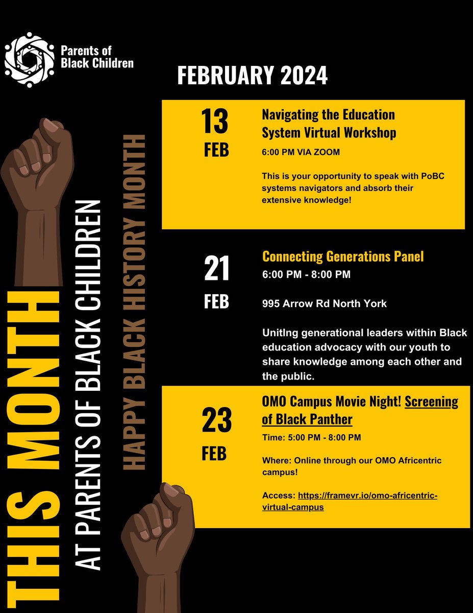 Don’t forget to RSVP for our Black History Month events! We start tomorrow at our virtual workshop! Learn more about Navigating the Education System with our Systems Navigators! RSVP here : linktr.ee/PoBC?fbclid=PA…