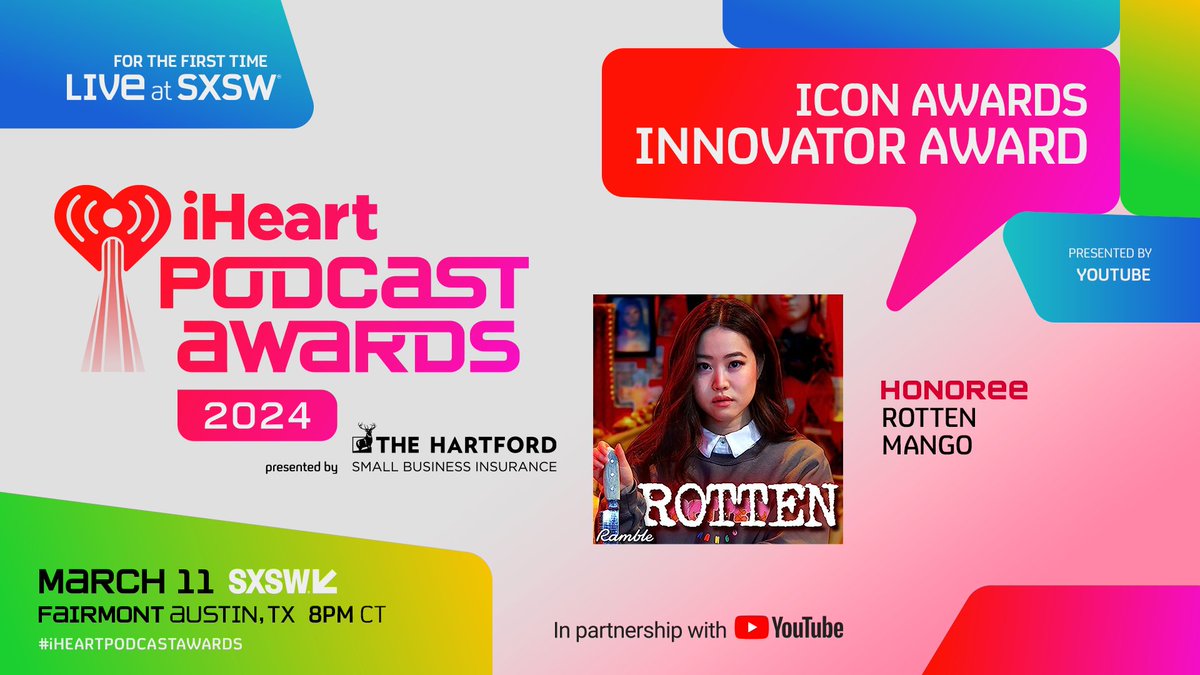 Innovator Award Presented by @YouTube will honor #RottenMango! ❤️

#iHeartPodcastAwards