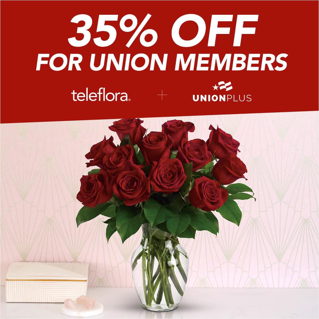 FLASH SALE on a dozen roses! Union members, enjoy this exclusive 35% offer on a dozen roses from @UnionPlus Teleflora. Shop now: unionplus.click/roses Ends 2/13.