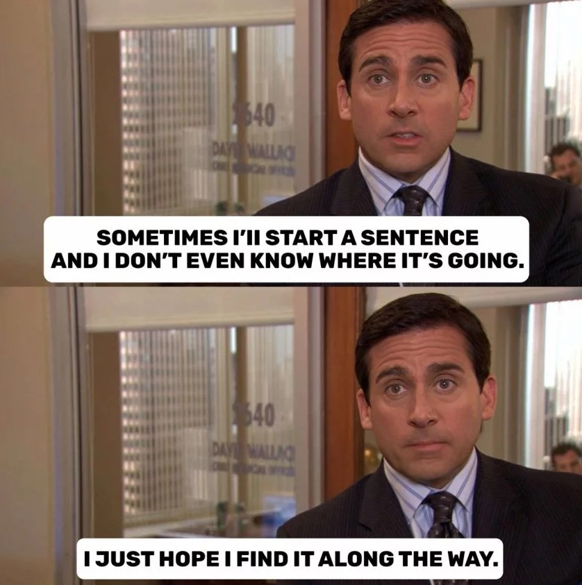 Hey Patriots, it's Monday! Does anyone have this issue when it comes to writing? ...or maybe even speaking? Like our friend Mr. Michael Scott here? Anyways - we hope you have a great week . . . #gmu #writingmeme #englishgmu