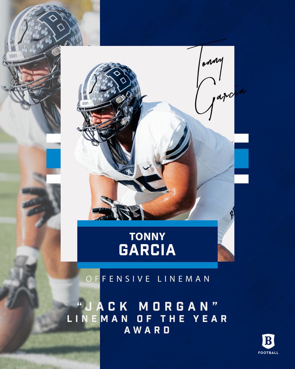 Congratulations Tonny Garcia, on winning this year’s "Jack Morgan" Lineman of the Year Award!🔵⚪️

#BerryFootball #BUILD #KeepClimbing #d3fb #TeamAwards