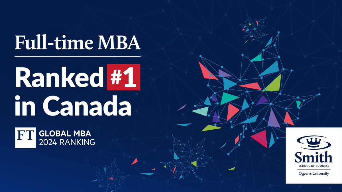queensu's tweet photo. Smith School of Business is No. 1 in Canada in the 2024 Financial Times Global MBA ranking!
In addition to being first in the country overall, #SmithMBA also ranked first in Canada for career services, alumni network and value for money.
Learn More: https://t.co/qT2oS63NKe https://t.co/ZApmd6GPQj