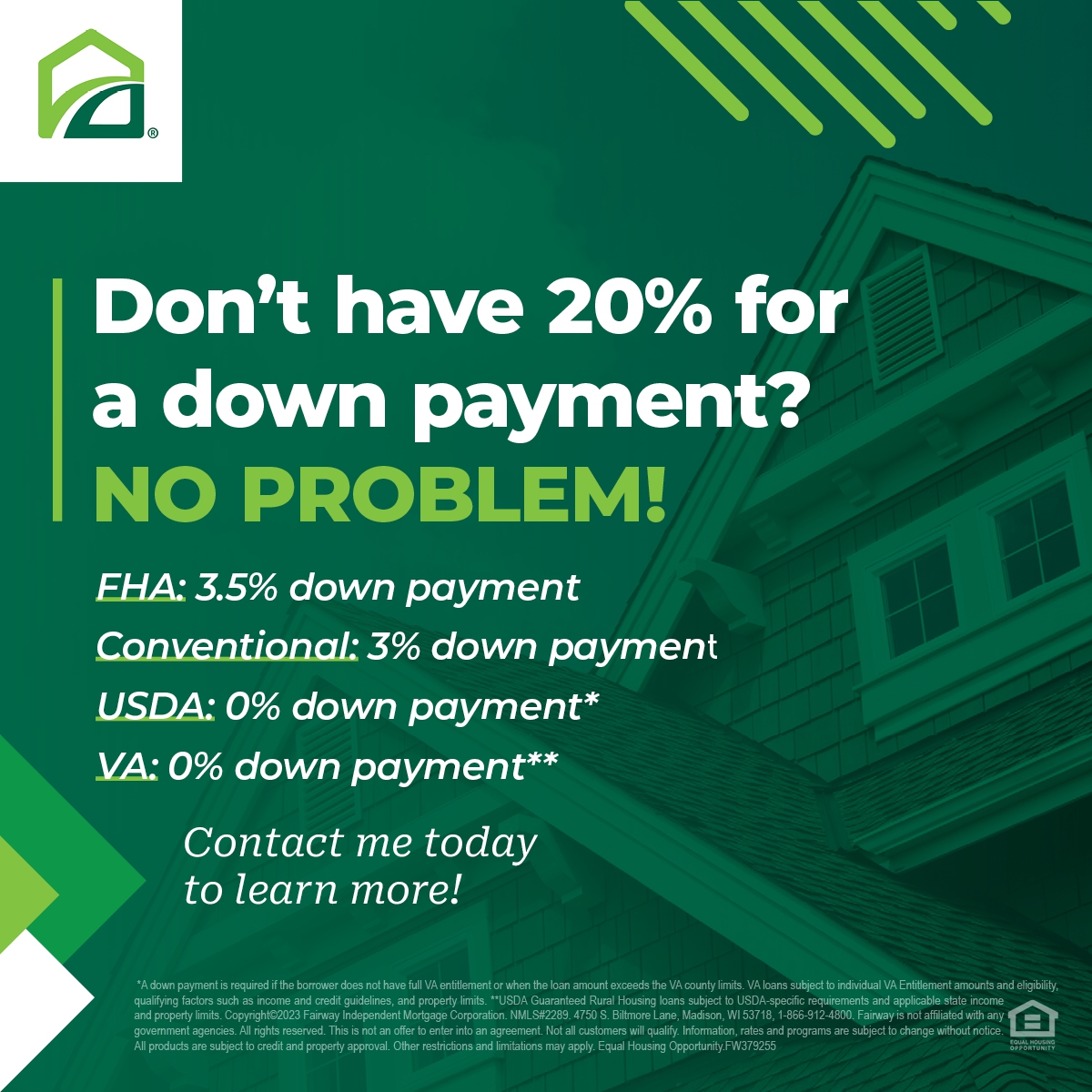 While putting 20% down has its benefits, there are loan programs that allow 5%, 3.5%, and even 0% down payments. Contact me today to learn more! #jerry_the mortgageguy #FTHB #mortgagematters #yourloanexpert #mortgagemonday mobile.fairwaynow.com/homehub/signup…