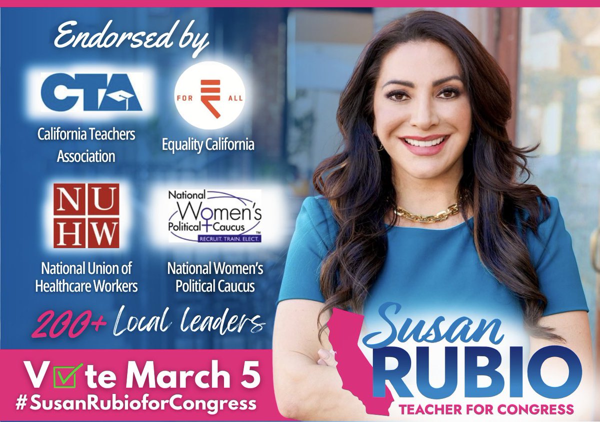 Endorsed & ready to serve CA31! Vote by Mar 5 #SGV Grateful for the backing of: 🍎 @WeAreCTA 🏳️‍🌈 @eqca 🏥 @NUHW 👩@NWPCSanGabriel 200+ LOCAL LEDAERS We're making a difference: 🏡 Tackle living costs 🏗️ Homelessness 👩‍⚖️ Women's rights 📚 Affordable education 🌱 Green jobs