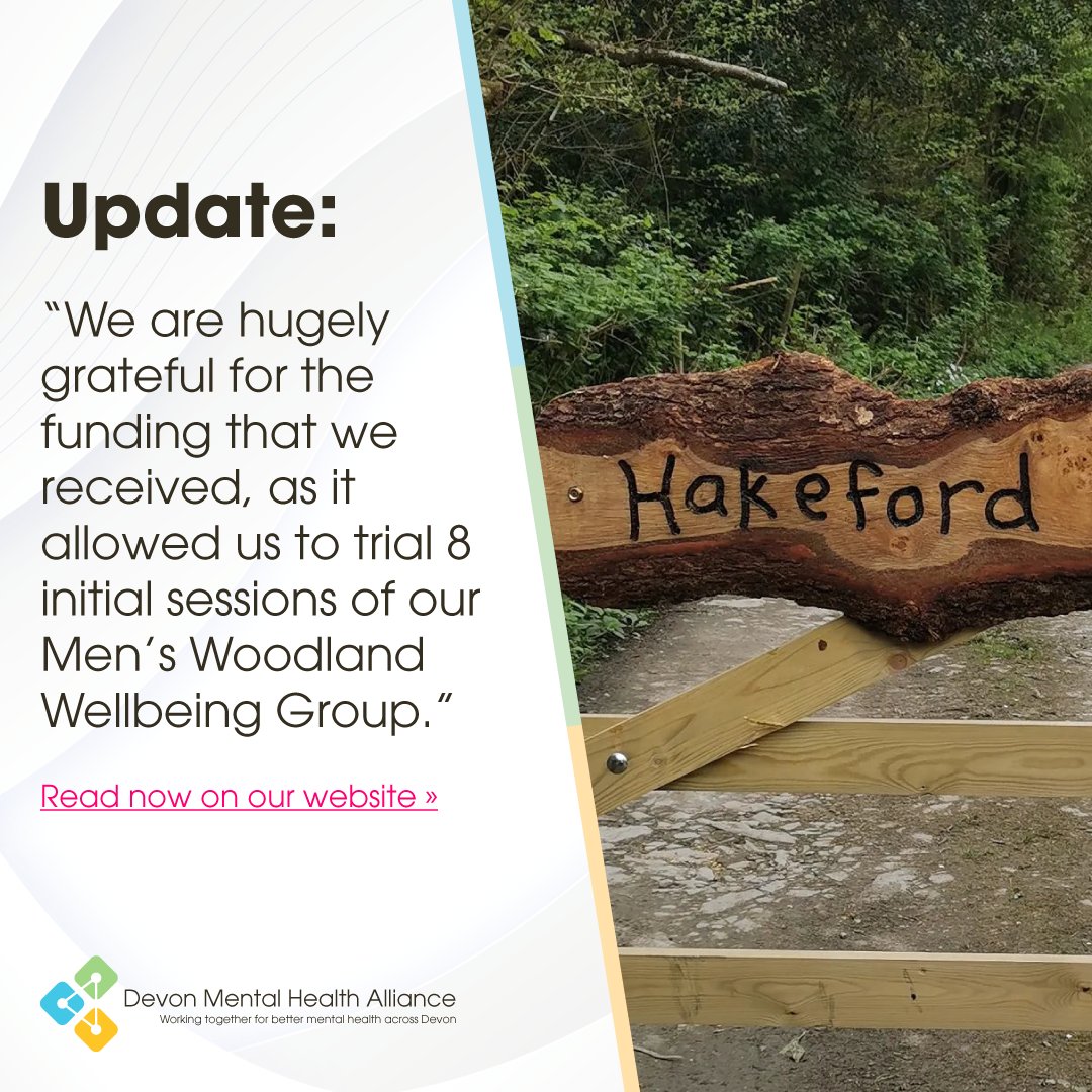 The Devon Mental Health Alliance (@devonmha) on Twitter photo Today, we're sharing an update from <a href="/hakefordwoods/">HW Forest School CIC</a> in Barnstaple, who were able to trial and grow a series of Men’s Woodland Wellbeing Group sessions thanks to our Innovation Fund.
Read the full update: loom.ly/lV2Nyu8 Today, we're sharing an update from <a href="/hakefordwoods/">HW Forest School CIC</a> in Barnstaple, who were able to trial and grow a series of Men’s Woodland Wellbeing Group sessions thanks to our Innovation Fund.
Read the full update: loom.ly/lV2Nyu8