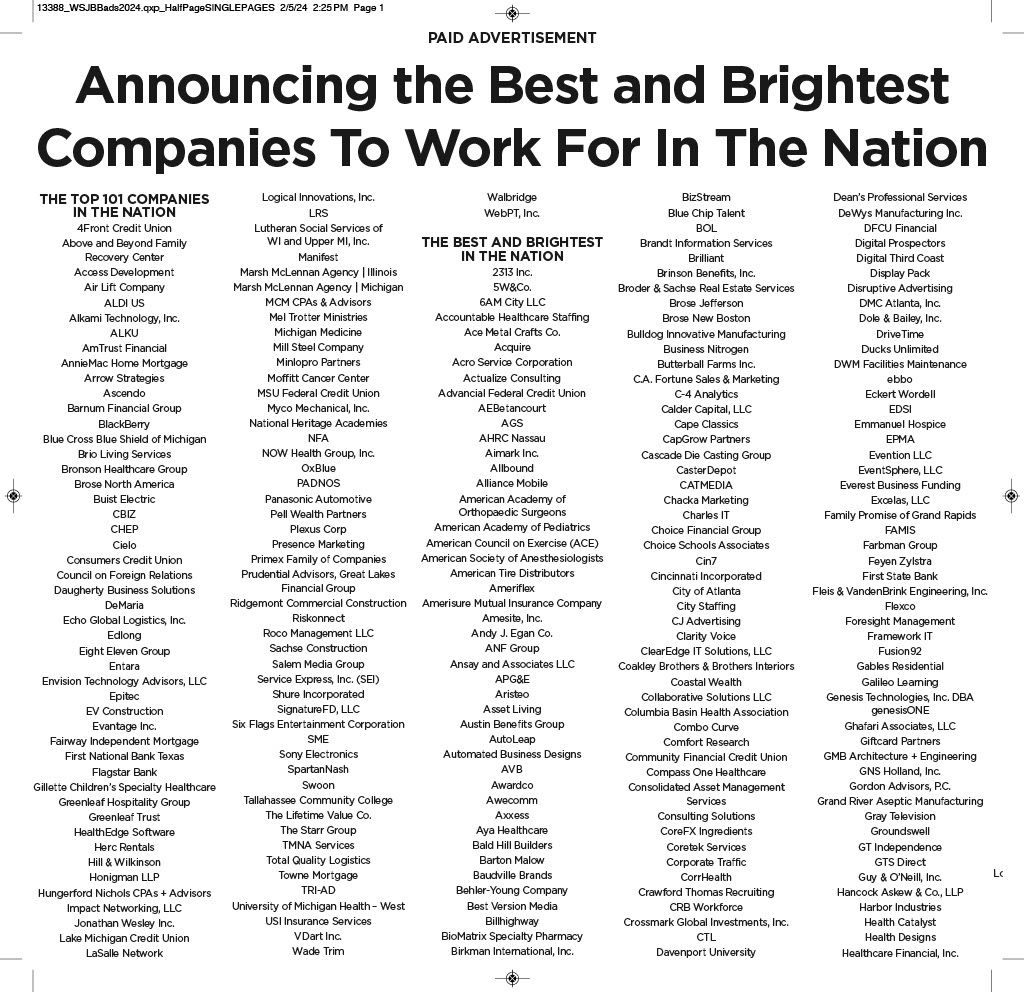 NemethLawPC's tweet photo. Nemeth Bonnette Brouwer is pleased to be recognized as one of the Best and Brightest Companies to Work For in the Nation!๐๐ Check out the complete list printed in the Feb. 12 Wall Street Journal.
#TheBB #WSJ #TheBestandBrightest https://t.co/NzcBowkAKq