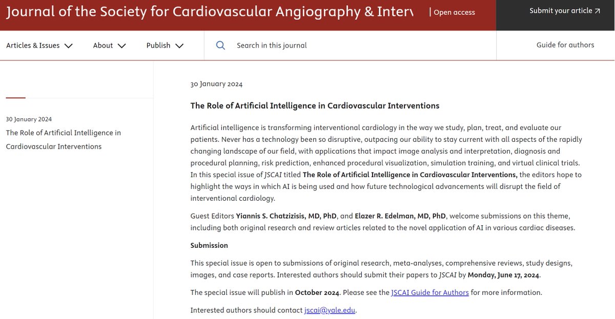 🆕📢Call for Papers - The Role of Artificial Intelligence in Cardiovascular Interventions. 🎯 Submit your research on AI applications & innovative uses of AI in various cardiac diseases💡 ⏰Submit by Monday, June 17 Guest Editors: @YChatzizisis & Elazer Edelman MD PhD