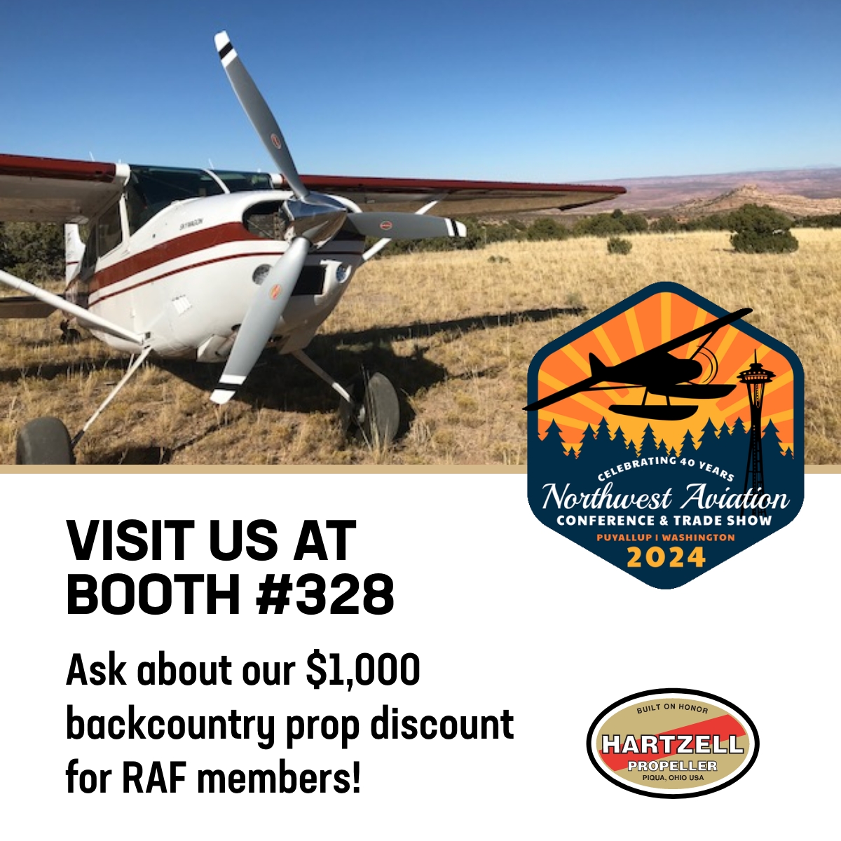 We’ll be exhibiting at #NorthwestAviation2024! Find us at booth #328, and be sure to ask about our $1,000 backcountry propeller discount, available exclusively to @FlyRAF members!